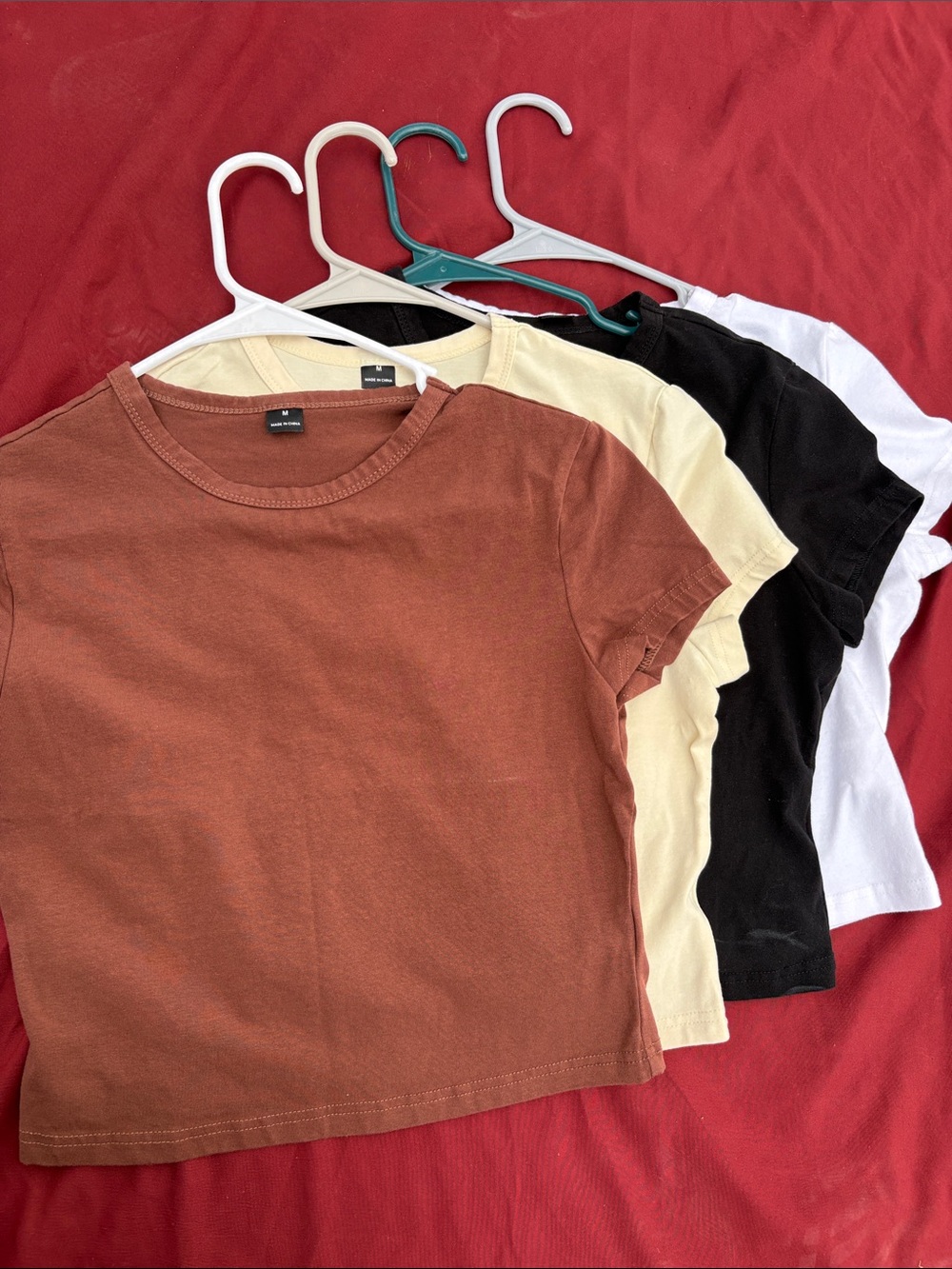 Set of Four Basic Cropped Tee Tops - Rust, Cream, Black, White